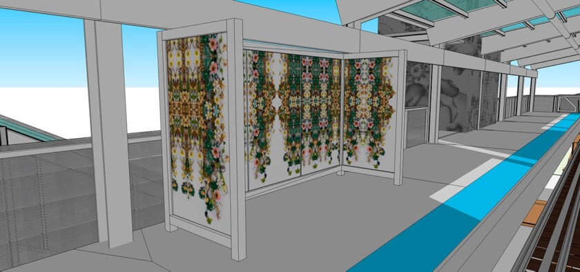 Abstract custom glass windbreaks on the platform and wall-cladding in the station at the CTA Green Line Garfield stop. Artwork designed by Chicago artists Nick Cave and Bob Faust, photographed by Scott Shigley, and printed on glass by Skyline Design.